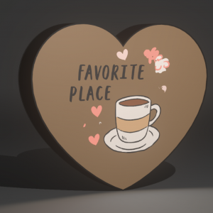 Herzförmige LED-Lichtbox mit der Aufschrift „Favorite Place“ und Illustration einer Kaffeetasse