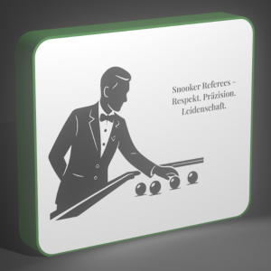 Rechteckige LED-Lichtbox mit Silhouette eines Snooker-Schiedsrichters und dem Text „Snooker Referees – Respekt. Präzision. Leidenschaft.“